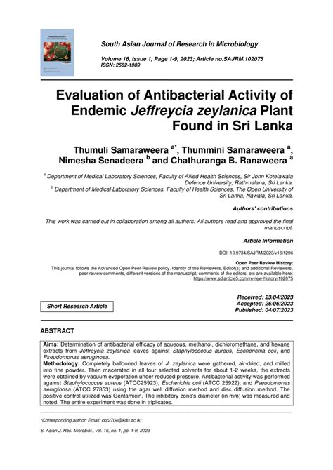 Pdf Evaluation Of Antibacterial Activity Of Endemic Jeffreycia