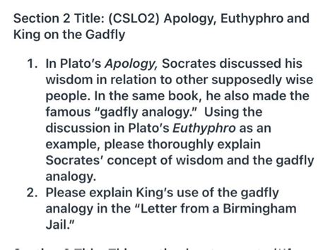 Solved Section 2 Title: (CSLO2) Apology, Euthyphro and King | Chegg.com