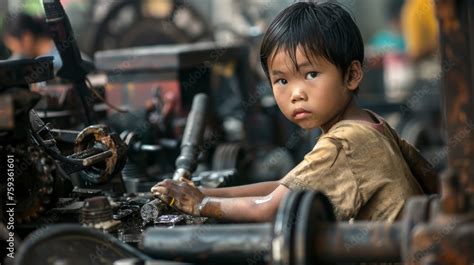 a young asian chinese kid working in a manufactory, illegal child labour in terrible working ...