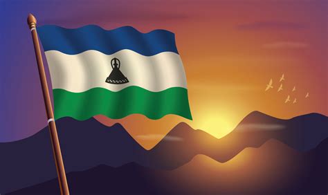 Lesotho Flag With Mountains And Sunset In The Background