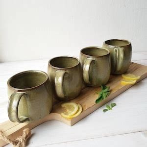 SET OF TWO Green Ceramic Mugs, 18 Fl Oz or 20 Fl Oz Green Pottery Mugs ...