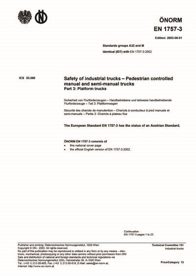 ONORM EN 1757-3:2003 - Safety of industrial trucks - Pedestrian ...