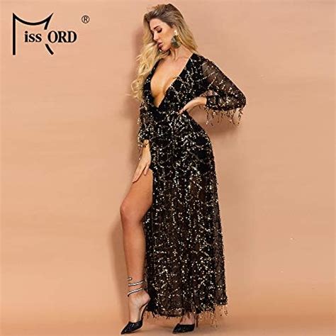 Miss Ord Women Deep V Neck Long Sleeve Split Sequined Maxi