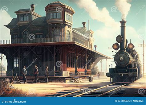 Vintage Train Station, with View of the Locomotive and Passenger Cars ...