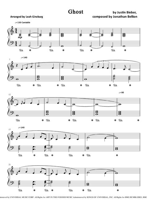 Ghost Arr Leah Ginzburg Sheet Music Justin Bieber Piano Vocal And Guitar Chords