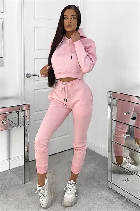 Light Pink Cropped Hoodie And Joggers Tracksuit Set Lasula