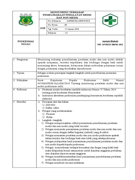 Sop Monitoring Terhadap Pemeliharaan Peralatan Medis Dan Non Medis Pdf