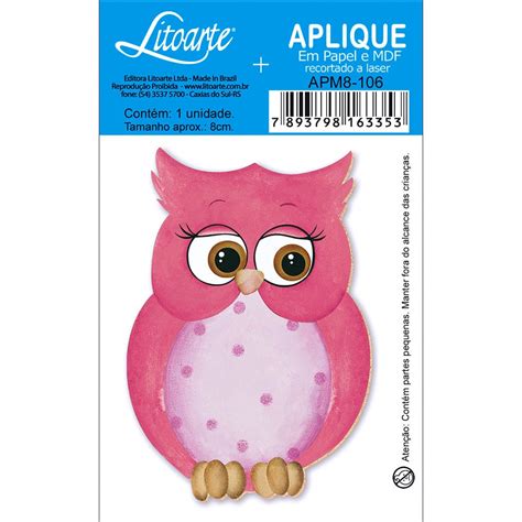 Aplique Mdf E Papel Litoarte Cm Modelo Apm Coruja Rosa No