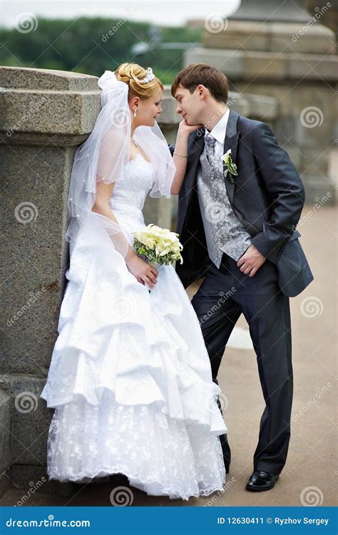 A Noiva E O Noivo Felizes No Casamento Andam Na Ponte Imagem De Stock