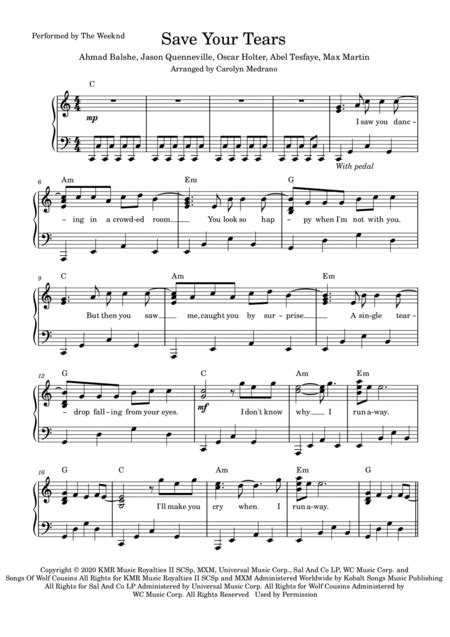 Save Your Tears Arr Carolyn Medrano Sheet Music The Weeknd Piano And Vocal