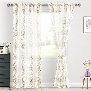 DWCN Sheer Curtains 84 Inches Long With Embroidered Damask Design