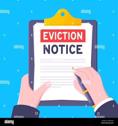 Hand Holds Eviction Notice Legal Document With Stamp Paper Sheets And