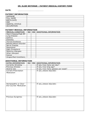 Fillable Online PATIENT MEDICAL HISTORY FORM DATE DR ELIZE