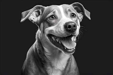 Imagen En Blanco Y Negro De Un Perro Sonriente Sobre Un Fondo Oscuro