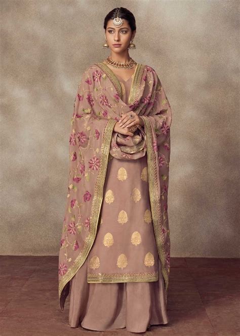 Mauve Silk Palazzo Suit With Floral Print Dupatta Salwar Kameez