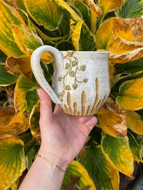 Handmade Pothos Vine Carved Ceramic Mug Wheel Thrown Pottery Etsy