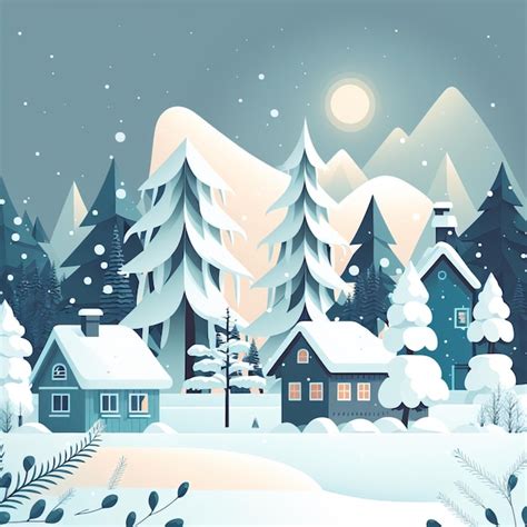 Premium AI Image | A cartoon illustration of a snowy village with a snowy landscape.