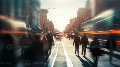 A Busy City Street Motion People Rush Hour Time In City Life On