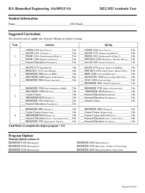 Fillable Online Advising Engineering Osu Bme B S Course Schedule