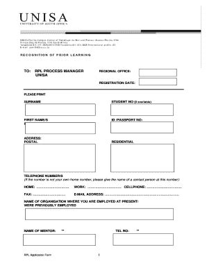 Unisa Rpl Application Form Pdf Fill And Sign Printable Template Online