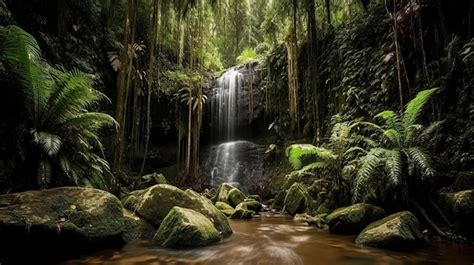 Premium AI Image Waterfall In A Tropical Wild Creative Resource AI