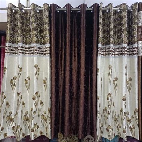 Floral Print White And Brown Polyester Printed Three Panel Curtain Set