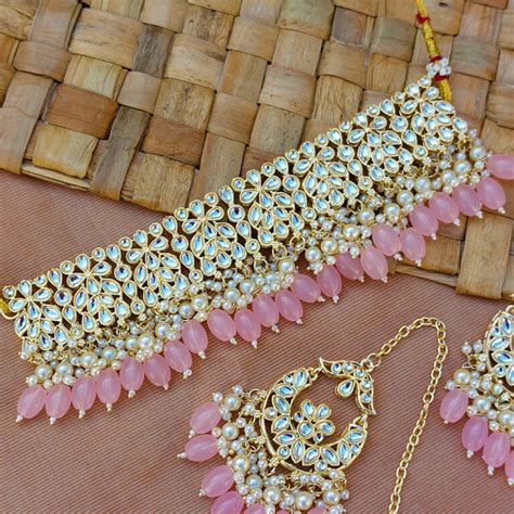 Light Pink Pearl Kundan Set For Saree Fashioncrab