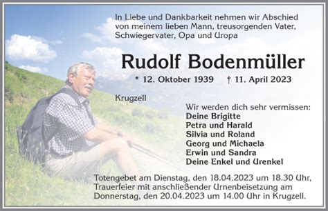 Traueranzeigen von Rudolf Bodenmüller Allgäuer Zeitung