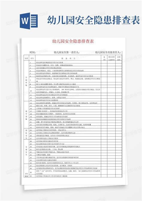 幼儿园安全隐患排查表word模板下载编号lzknkpjk熊猫办公