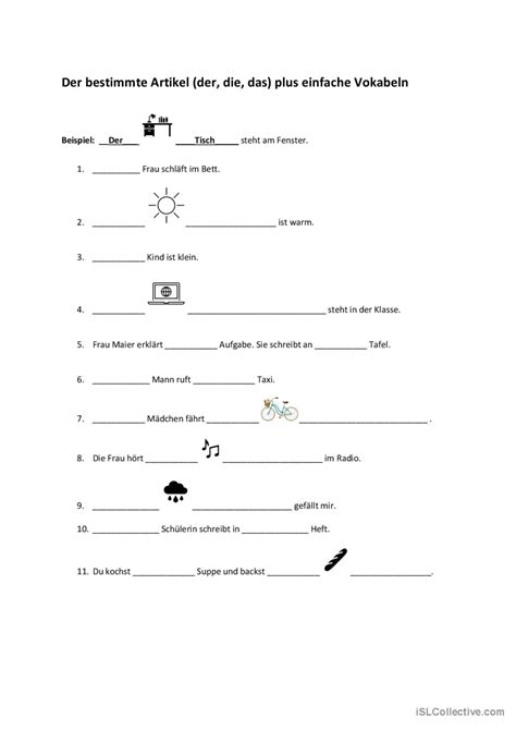 Test bestimmte Artikel Vokabeln ein Deutsch DAF Arbeitsblätter pdf doc