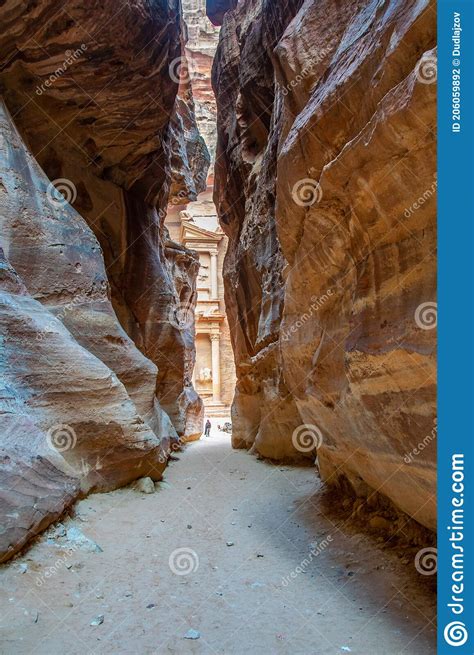 Al Khazneh Tomb View through Narrow Siq Canyon at Petra, Jordan Stock ...