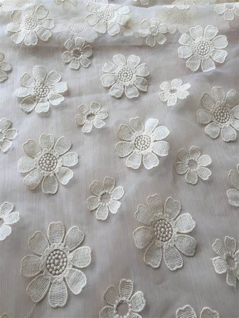 Organza Fabric Beige Cotton Flowers Embroidered Lace Fabric