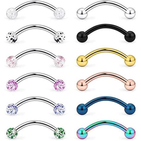 12 Pièces 14G 16MM Piercing Nombril Sourcil Langue Anneaux Barbell