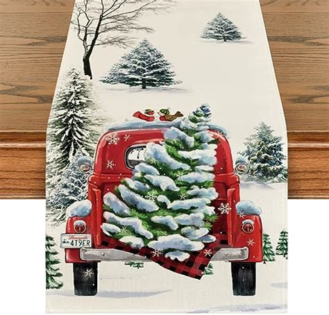 Artoid Mode Waterclor Snow Pine Tree Truck Christmas Table Runner