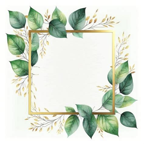 Premium Photo Square Frame Of Green And Golden Leaves With Watercolor