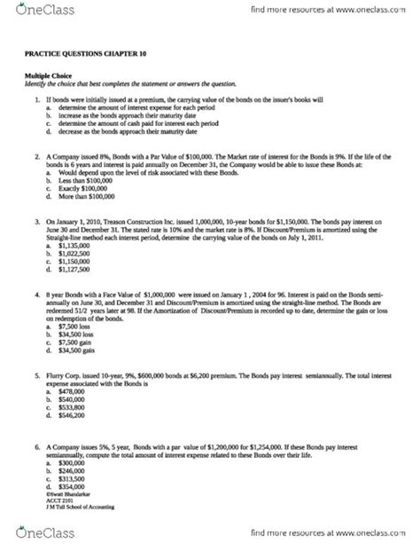 ACCT 2101 ACCT 2101 CHAPTER 10 Practice Questions Review Notes