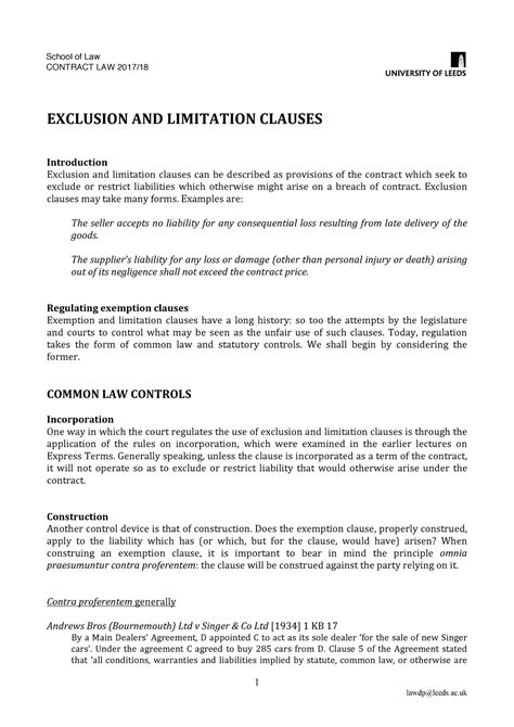 Exclusion Clauses Lecture Handout Contract Law Exclusion