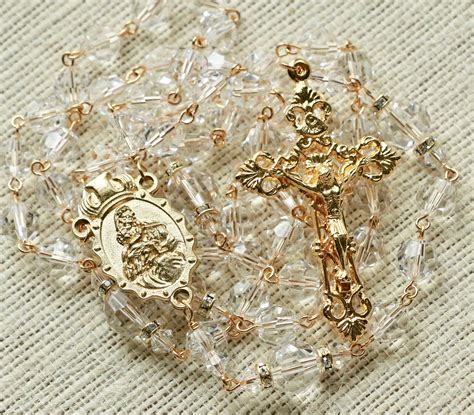 Catholic Large Bead Swarovski Crystal Clear Rosary In Gold