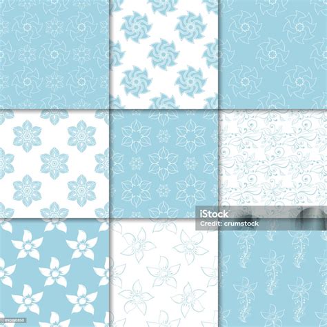 Blue And White Floral Ornaments Collection Of Seamless Patterns Stock