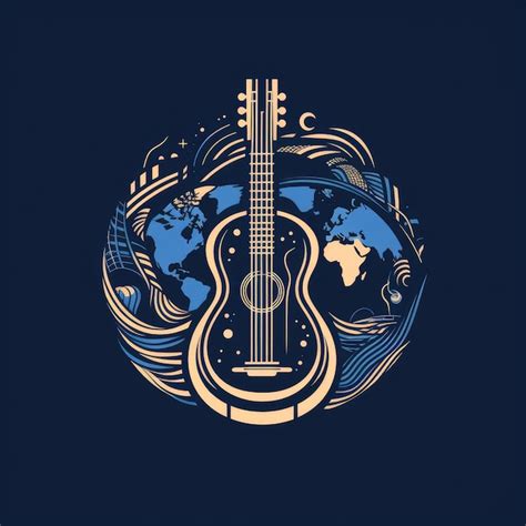 Un Fondo Azul Con Un Mapa Del Mundo Y Una Guitarra Foto Premium