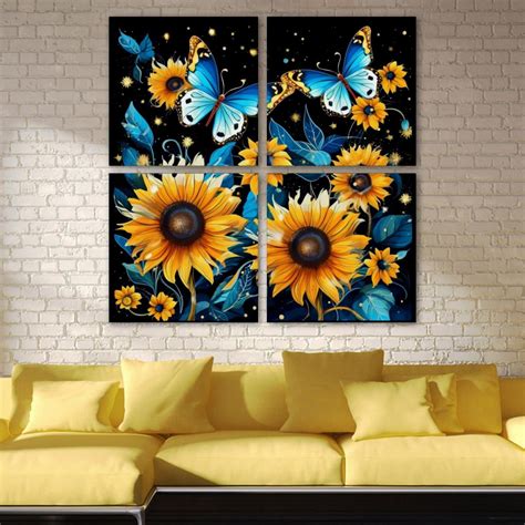 Ownta Starry Sky Sunflower Butterfly Pattern 4pc Frameless Canvas Wall