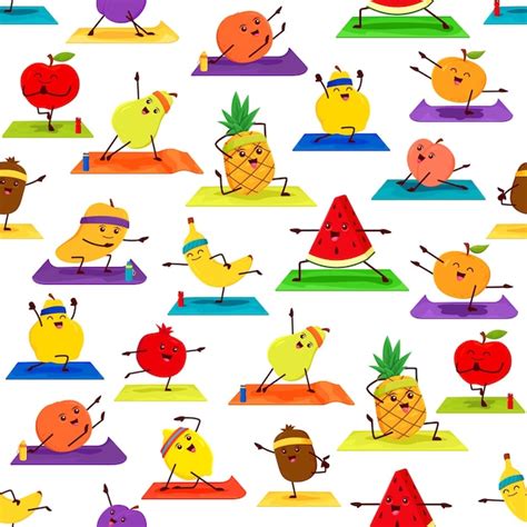 Personajes de frutas en el patrón de mosaico sin costuras de yoga