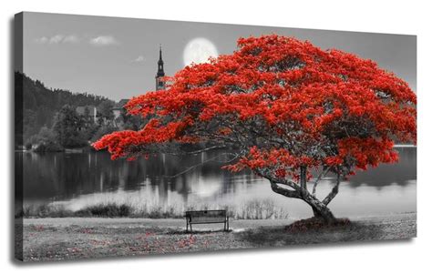 Arjun Tree Landscape Wall Art Canvas Lake Moon Fall Painting Red and ...