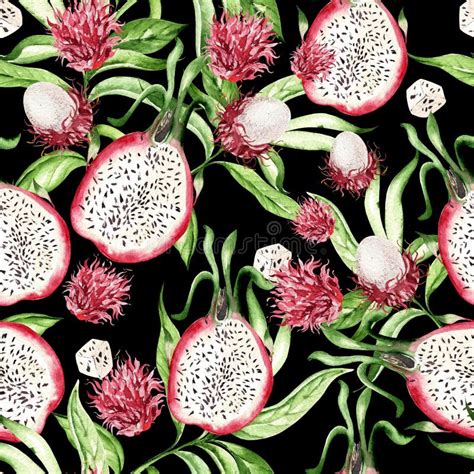 Dragon Fruit And Rambutan Tropical Leaves Seamless Patterns On Black