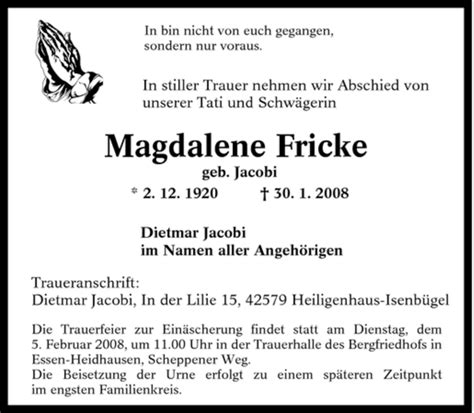 Traueranzeigen Von Magdalene Fricke Trauer In NRW De