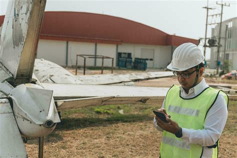 Aircraft mechanic examining airplane wing 21968003 Stock Photo at Vecteezy