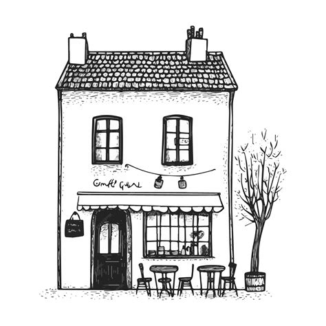 Cozy Craft Cafe Illustration With Outdoor Seating Handdrawn Black And