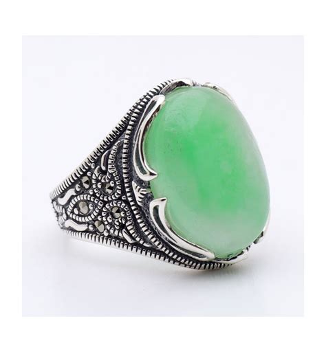 Bague En Argent 925 Marcassite Et Jade Vert