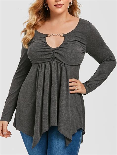 34 Off 2021 Plus Size Low Cut Ruched Asymmetric T Shirt In Dark Slate Grey Dresslily