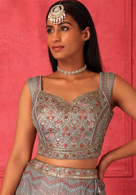 Buy Women Grey Thread And Sequin Embroidered Lehenga Set With Blouse